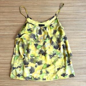 New York & Company Sleeveless Yellow Watercolor Ruffled Front Top